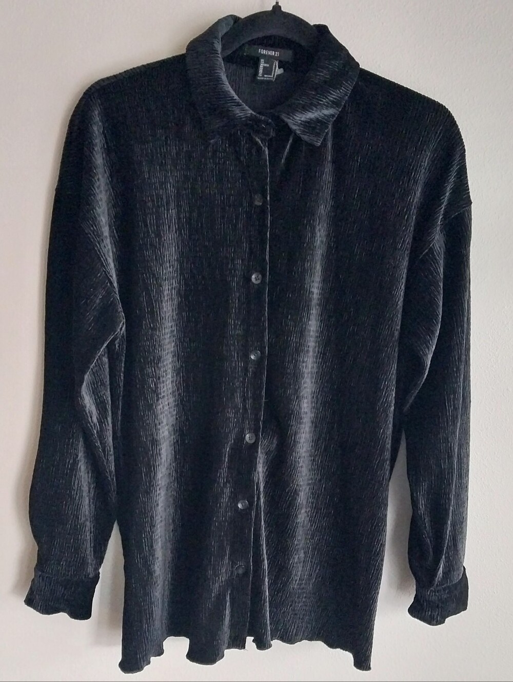 Forever 21 Vintage Black Textured Stretch Velvet Ruffle Edge Button Down Shirt